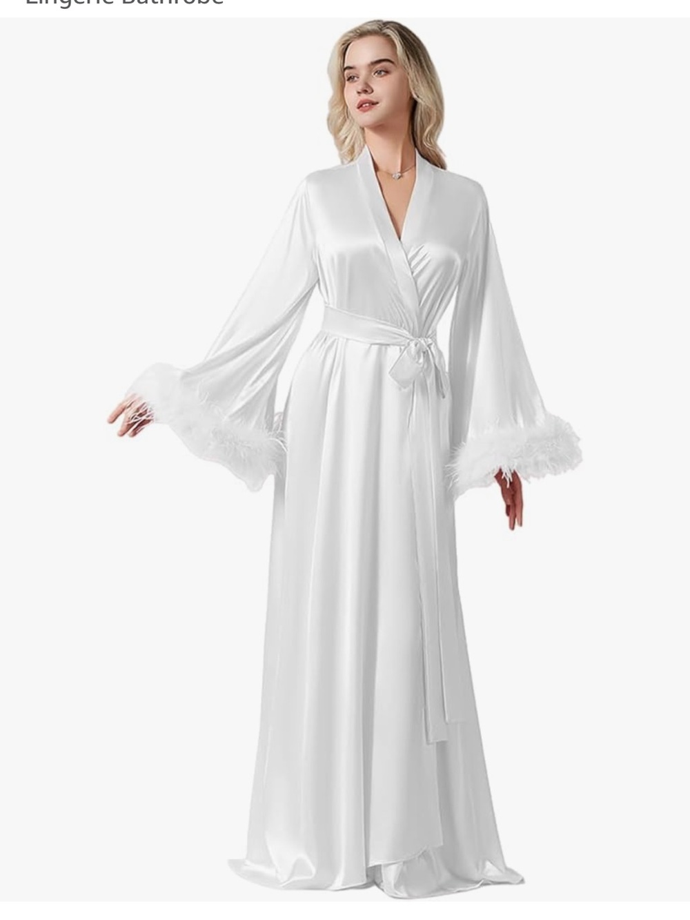 NEW Silky Feather-Trim Long Robe - White